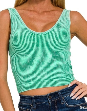 WASHED RIBBED CROPPED BRA PADDED V-NECK TANK TOP